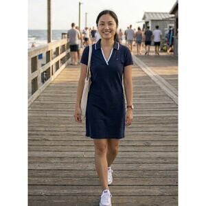 TOMMY HILFIGER ESSENTIAL NAVY V-NECK POLO COLLARED DRESS CLASSIC PREPPY S/P